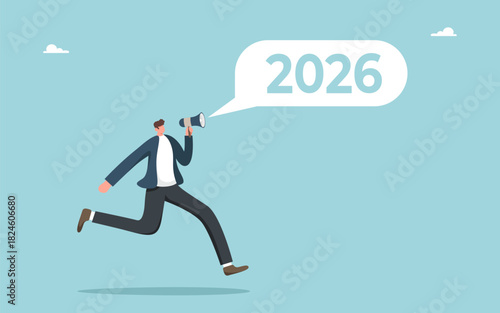 Demonstration of leadership qualities in new 2026, preparation of employees for future business development, setting business goals to achieve heights, man announcing new 2026 through megaphone.
