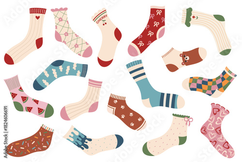 Collection of modern colorful cotton socks with trendy prints and different textures. Cozy knitted socks set. Flat vector illustration isolated on white background.