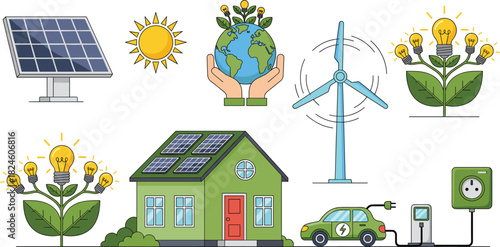 Vector Illustration Set of Renewable Energy and Sustainable Living Concepts, Including Solar Panels, Wind Turbine, Electric Car, Eco-Friendly House, and Hands Holding the Green Earth