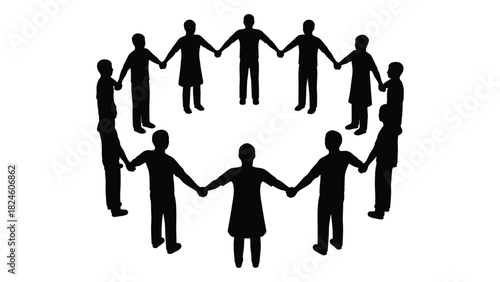 People holding hands in a circle silhouette isolated on white background, Vector