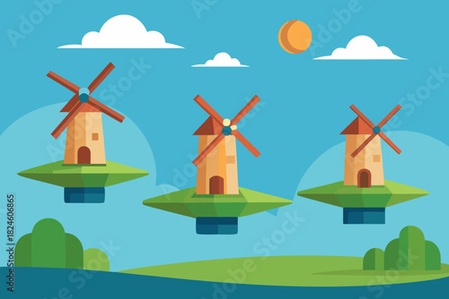 A different view of floating windmill fields vector illustration