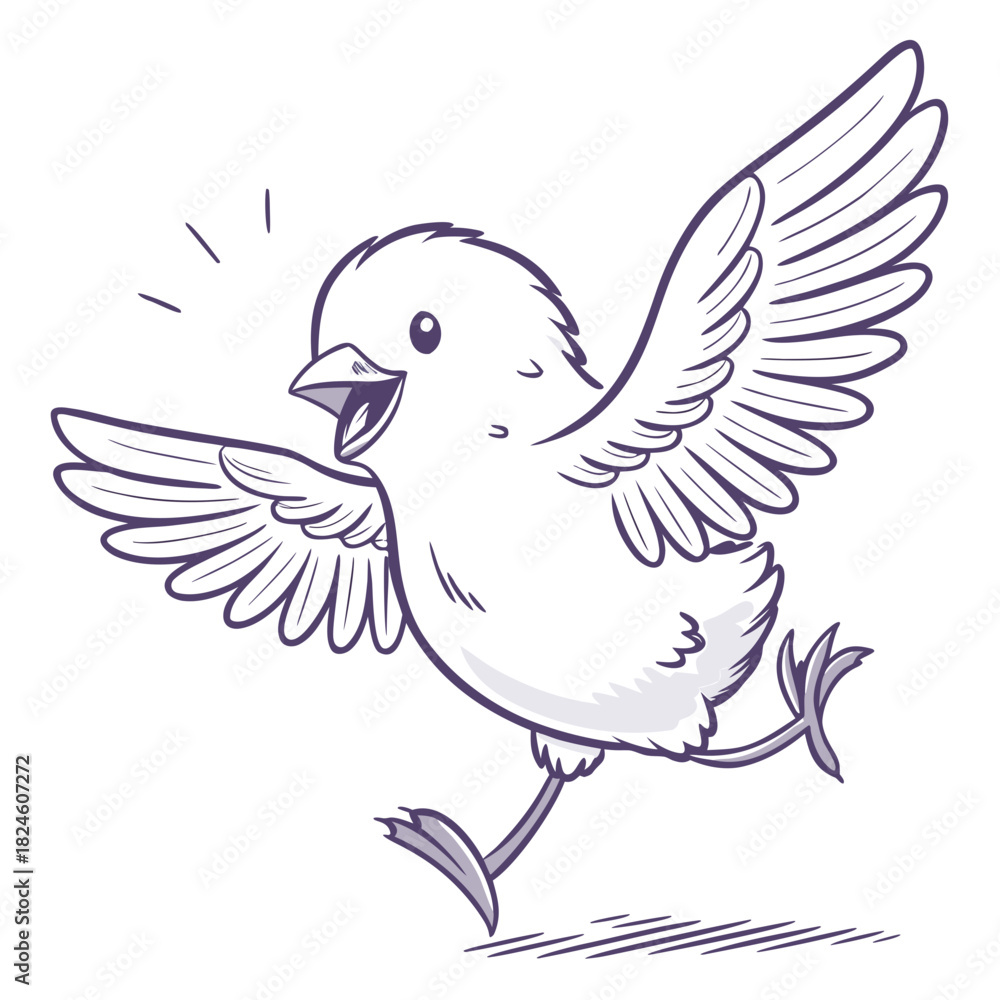 Fototapeta premium Happy Cartoon Bird Running with Wings Spread on White Background chick baby bird