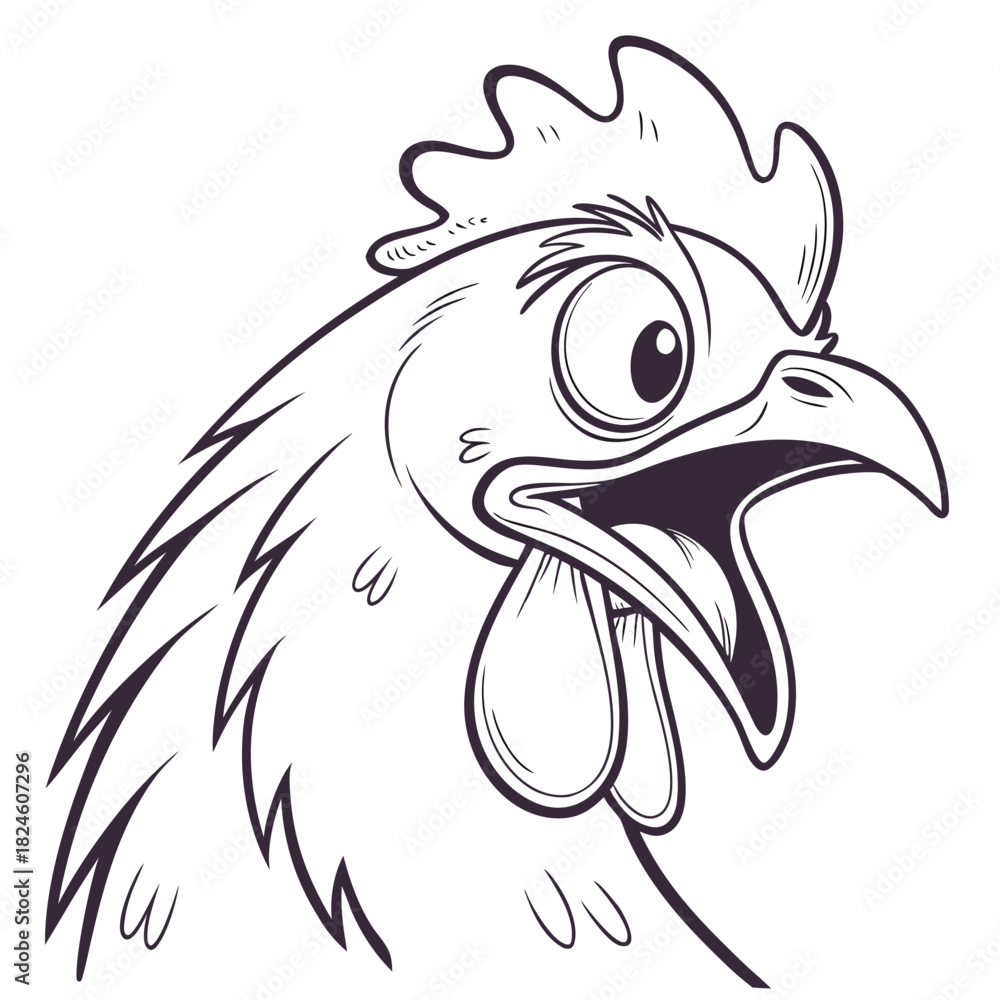 Obraz premium Exaggerated Chicken Head With Open Mouth Line Art rooster bird