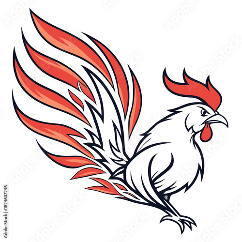 Fiery Rooster with Orange Flame-like Tail Feathers on White Background cock bird