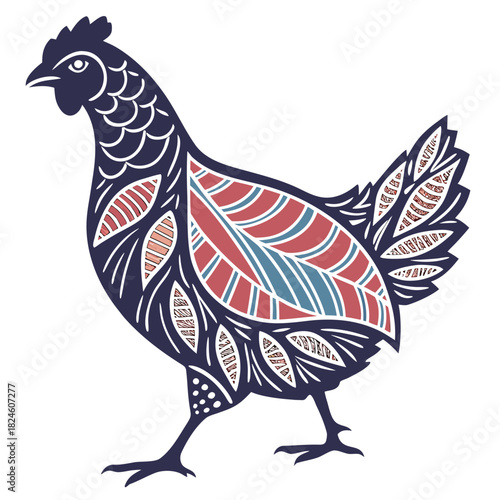 Decorative Stylized Chicken with Intricate Patterns and Colors fowl bird
