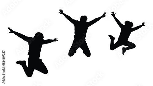 Three people jumping silhouettes isolated on white background, Vector