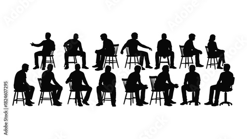 Diverse silhouettes of people sitting on chairs isolated on white background, Vector