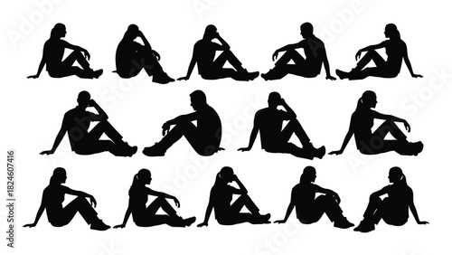 Sitting people silhouettes isolated on white background, Vector