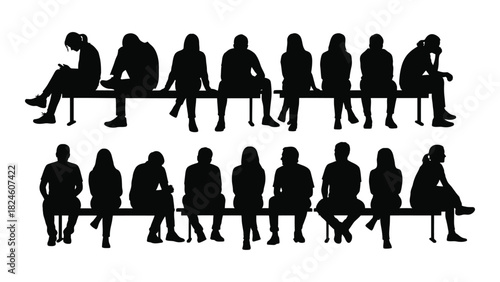 Silhouettes of people sitting on benches isolated on white background, Vector
