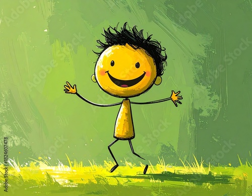 Cartoon child with yellow head, black hair, smiling on green background