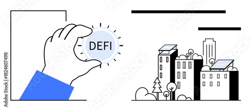 Hand grasping a concept token labeled DeFi beside a cityscape with solar-powered buildings, trees, and a skyline. Ideal for finance, green energy, innovation, sustainability, technology, modern