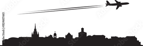 Chateauroux Skyline with Airplane and Contrail. Vector black silhouette