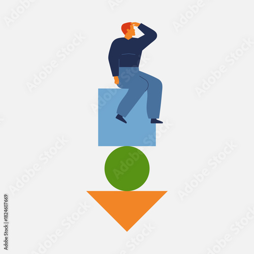 person planning the future while living in unstable life circumstances. Man Developing a career and business in risky conditions. Work life balance concept. Vector illustration