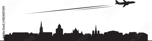 Chateauroux Skyline with Airplane and Contrail. Vector black silhouette