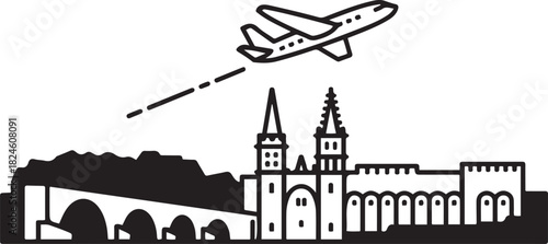 Avignon Skyline Line Drawing with Airplane Icon. Vector black silhouette