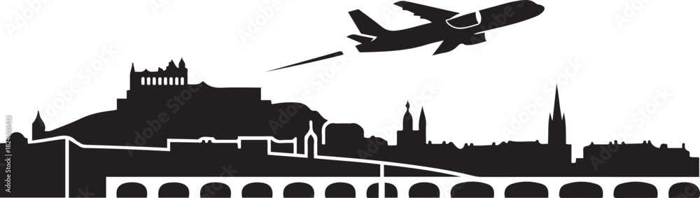 Obraz premium Besancon Skyline Cityscape Airplane Travel Icon. Vector black silhouette