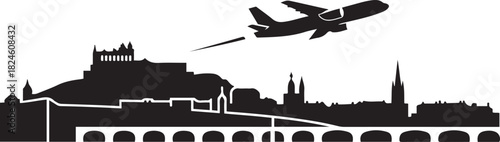 Besancon Skyline Cityscape Airplane Travel Icon. Vector black silhouette