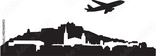Besancon Skyline Cityscape Airplane Travel Icon. Vector black silhouette