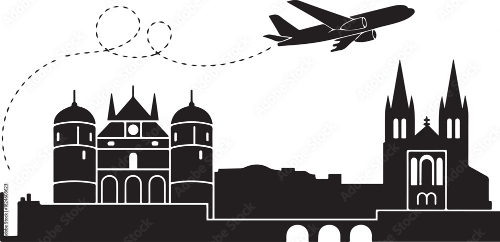 Fototapeta premium Angers Skyline with Castle and Cathedral, Airplane and Flight Path. Vector black silhouette
