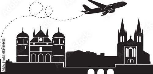 Angers Skyline with Castle and Cathedral, Airplane and Flight Path. Vector black silhouette