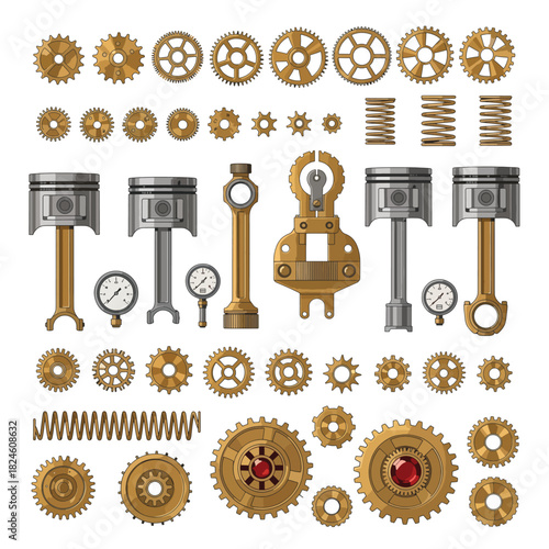 Gears, Pistons, and Springs Mechanical Elements in Copper and Gold