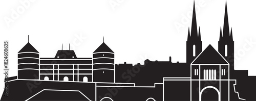 Angers Skyline with Castle and Cathedral, Airplane and Flight Path. Vector black silhouette