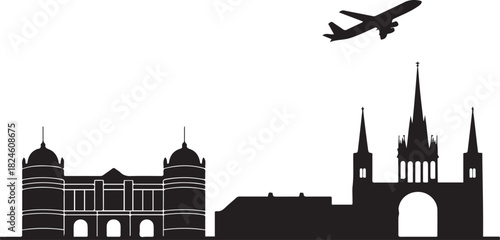 Angers Skyline with Castle and Cathedral, Airplane and Flight Path. Vector black silhouette