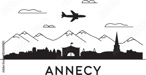 Annecy France Skyline with Airplane and Mountains Line Art. Vector black silhouette