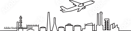 Ploiesti Skyline Line Art with Airplane. Vector black silhouette