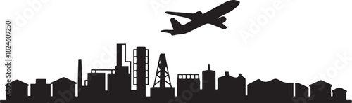 Ploiesti Skyline Line Art with Airplane. Vector black silhouette