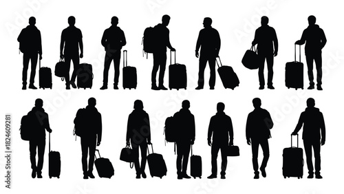 Traveler silhouettes with luggage isolated on white background, Vector