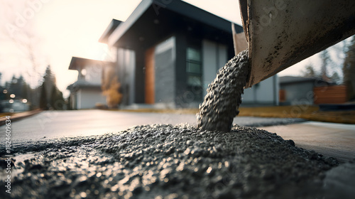 Close up of fresh concrete pouring for modern driveway construction