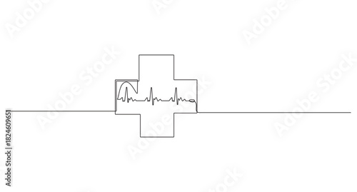 Minimalist medical cross one line art isolated in outline vector drawing,continuous one line drawing medical, crossed design, vector illustration,