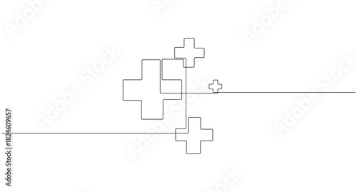 Minimalist medical cross one line art isolated in outline vector drawing,continuous one line drawing medical, crossed design, vector illustration,
