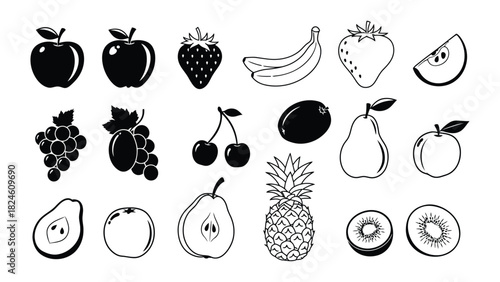 Collection of hand drawn fruit illustrations in black and white