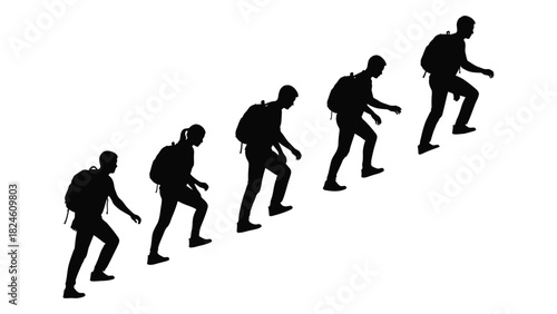 Ascending silhouettes of hikers isolated on white background, Vector