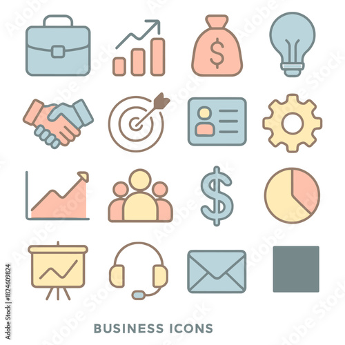 A versatile business category icon set featuring a singular well defined graphic element suitable for diverse commercial and professional applications across multiple industries and platforms