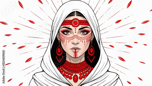 Woman with tribal face paint and white hood radiating mystical spiritual energy