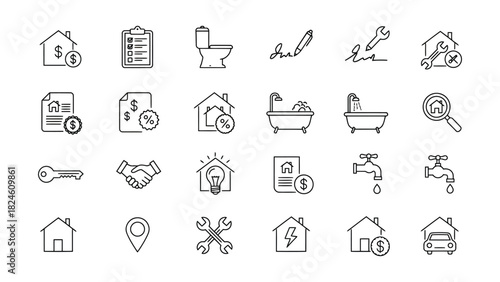 Hand drawn real estate icons representing property services and transactions