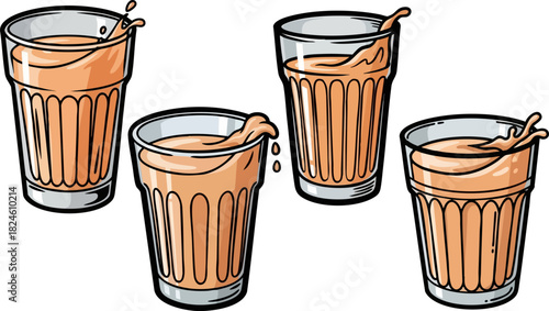 Four glasses of masala chai with splashes against a dark background illustration