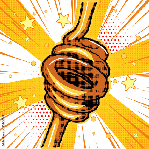 A swirl of honey or caramel in a retro pop art comic style with a halftone effect on a yellow sunburst background, vector illustration