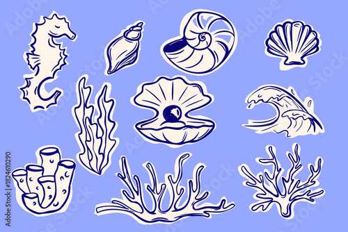 Hand drawn sea life vector set with shells, coral, seaweed, seahorse, and marine elements. Perfect for design, textile, and sticker. 