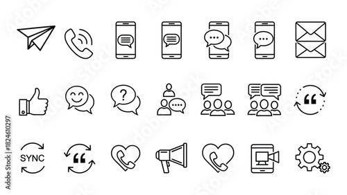 Hand drawn communication and social media icons set