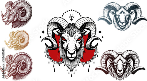 Detailed ram head illustration with red eyes and various color silhouette styles