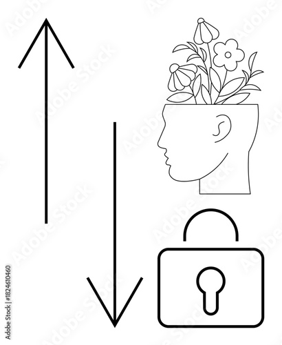 Head with blooming flowers symbolizes mental growth, arrows represent direction, lock indicates barriers. Ideal for mental health, mindfulness, self-growth, potential, personal development, choices