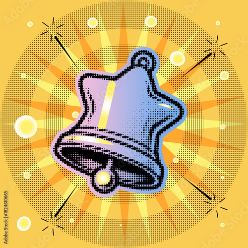 A colorful ringing bell in a retro pop art comic style with a halftone effect on a yellow sunburst background, vector illustration