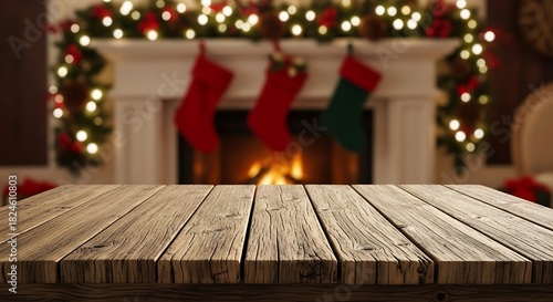 Rustic wooden table in front of a cozy christmas fireplace with stockings
