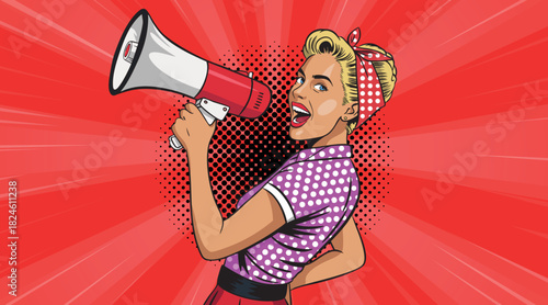 A beautiful woman in pop art style screaming into a loudspeaker. Pop art in comic book style.