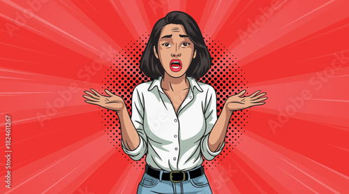 Beautiful Asian woman in despair in pop art style. Pop art in comic style.