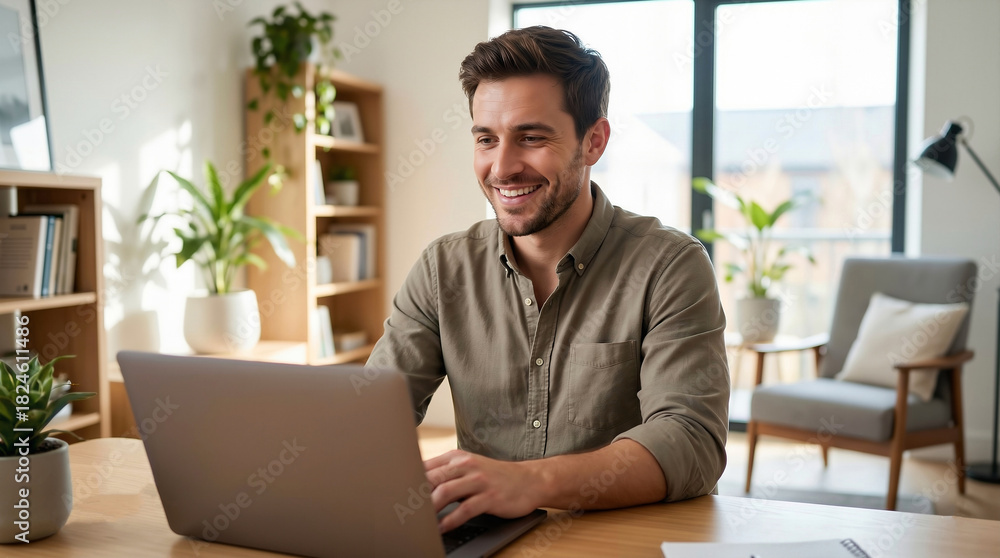 Fototapeta premium Smiling young man working on a laptop at a wooden desk in a modern home office with plants in the background